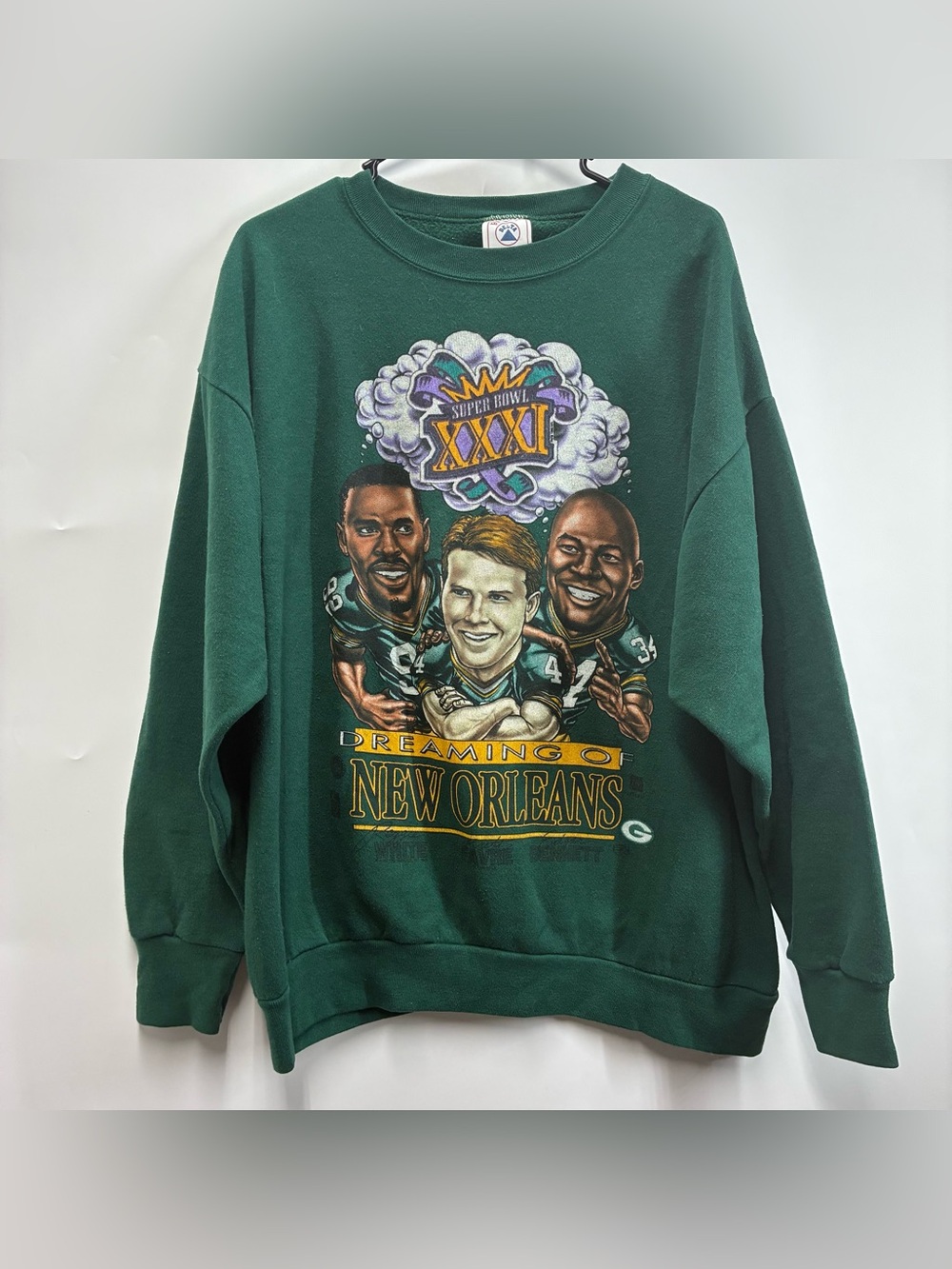 Vintage 90s Green Bay Packers Mens XXL Super Bowl XXXI Brett Favre Sweater Green